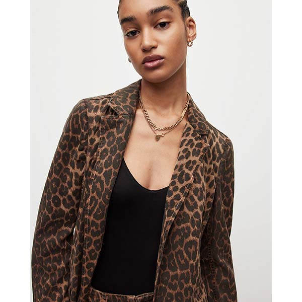 Allsaints Australia Womens Aleida Linen Blend Leopard Print Blazer Brown AU07-182